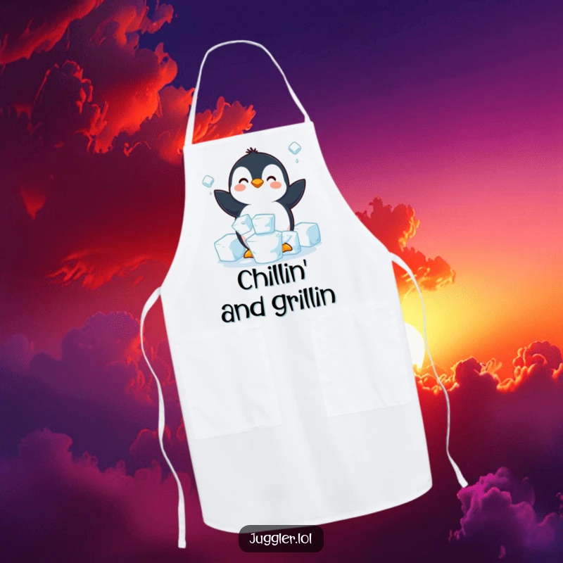 Funny penguin apron showing a happy penguin struggling to juggle three slippery ice cubes, ideal for kitchen use.