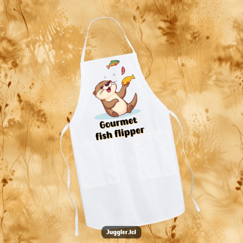 Funny otter apron showing a playful otter gleefully tossing colorful fish into the air and catching them, ideal for kitchen use.