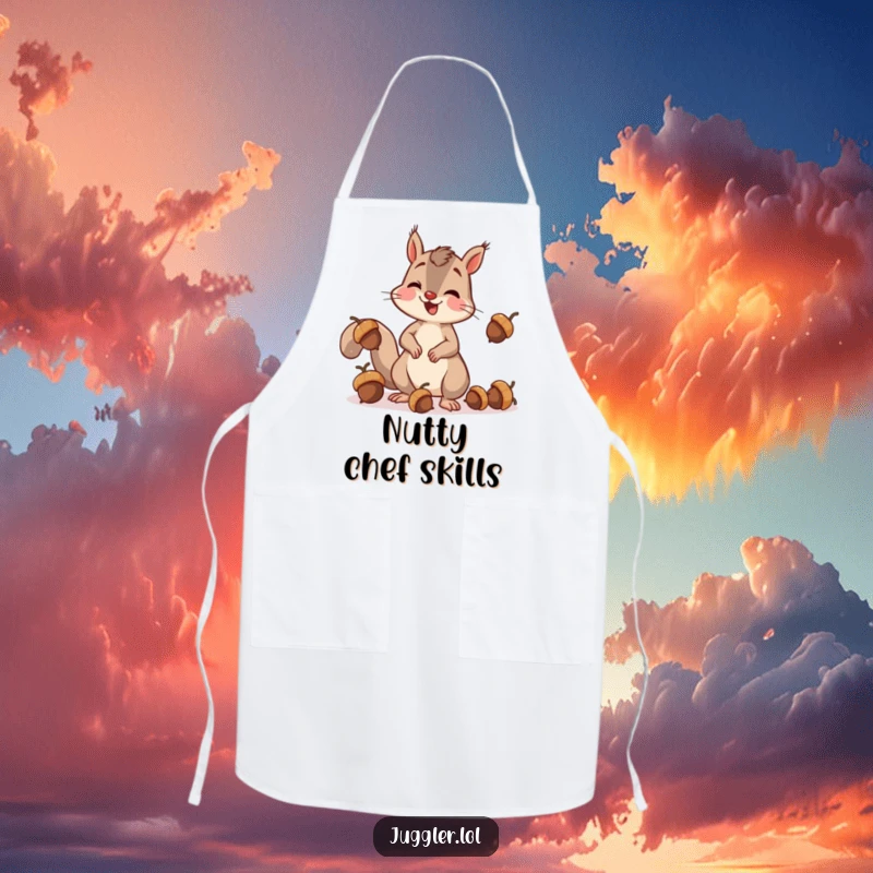 Funny squirrel apron showing a cheerful squirrel clumsily juggling acorns, dropping one with surprise, ideal for cooking and kitchen activities.