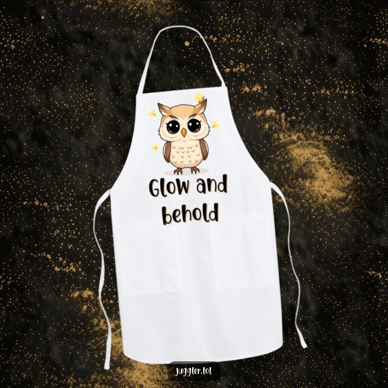 Funny owl apron showing a determined owl with wide eyes juggling glowing fireflies, ideal for kitchen use and adding magical flair.