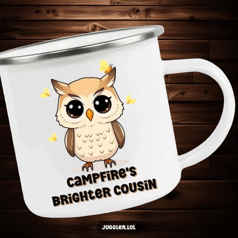 Funny owl camping mug showing a determined owl with wide eyes juggling glowing fireflies, ideal for outdoor adventures and hot beverages.