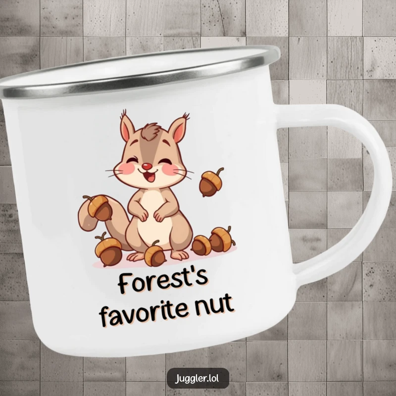 Funny squirrel camping mug showing a cheerful squirrel clumsily juggling acorns, dropping one with surprise, ideal for outdoor adventures and hot beverages.