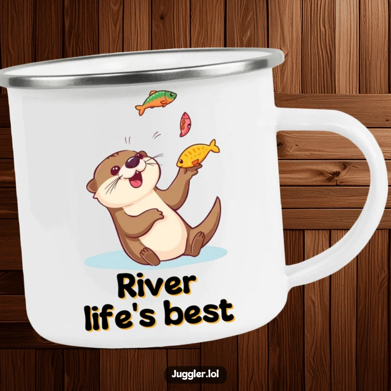 Funny otter camping mug showing a playful otter gleefully tossing colorful fish into the air and catching them, ideal for outdoor adventures.