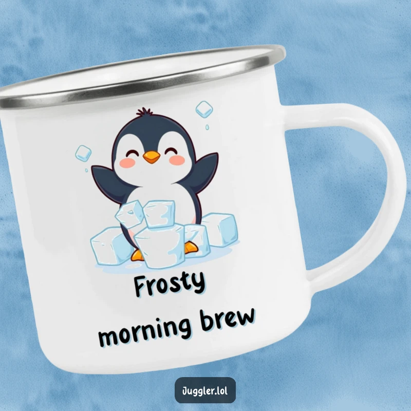 Funny penguin camping mug showing a happy penguin struggling to juggle three slippery ice cubes, ideal for outdoor adventures.