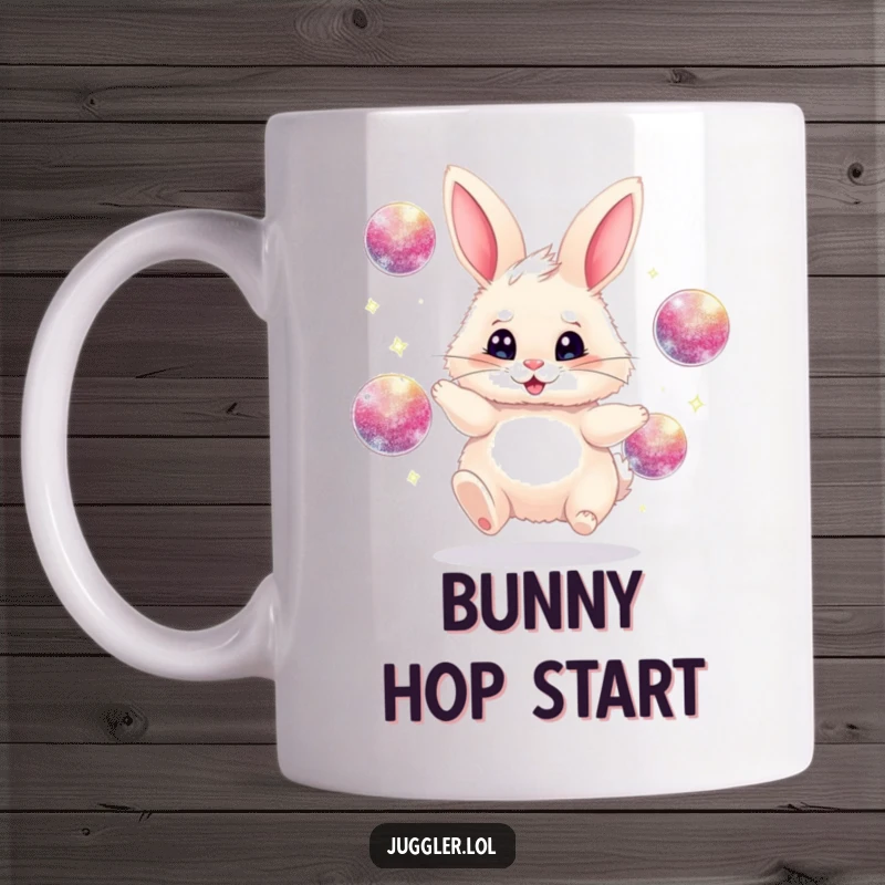 Funny juggling bunny mug, fluffy, frantically juggling sparkly balls, adds silliness and humor, perfect funny gift.