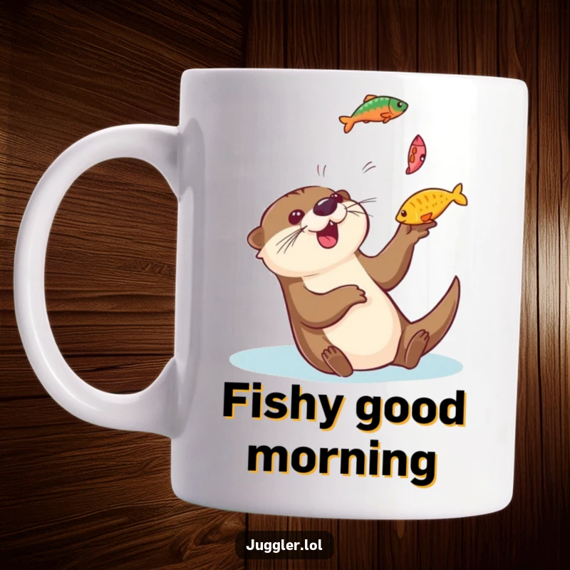 Funny otter mug featuring a playful otter gleefully tossing colorful fish into the air and catching them, bringing aquatic fun to your coffee.
