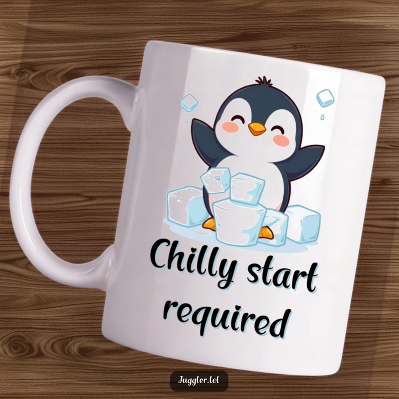 Funny penguin mug featuring a happy penguin struggling to juggle three slippery ice cubes, bringing icy humor to your morning coffee.