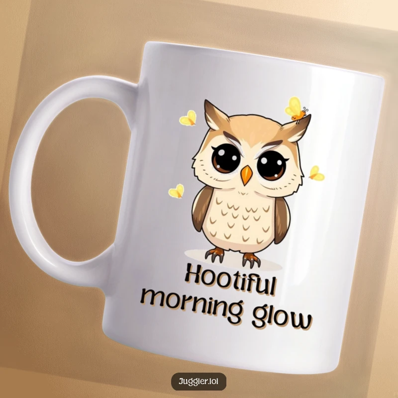 Funny owl mug featuring a determined owl with wide eyes attempting to juggle three glowing fireflies, creating a magical and humorous scene.