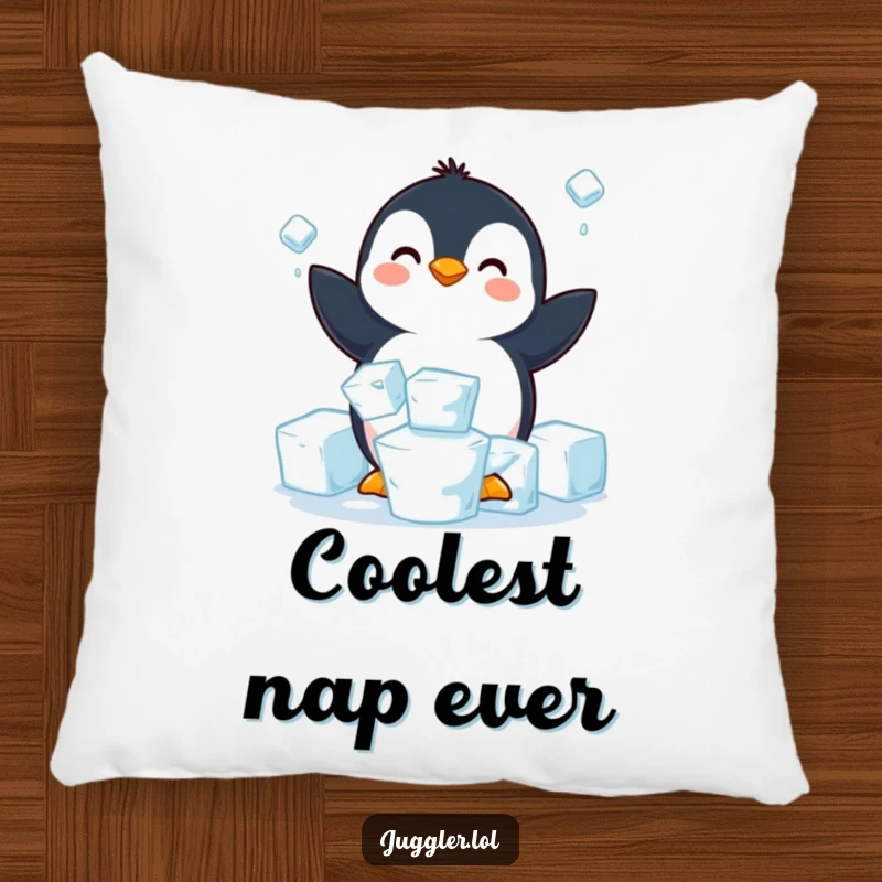 Funny penguin pillow featuring a happy penguin struggling to juggle three slippery ice cubes, providing soft comfort and arctic humor.