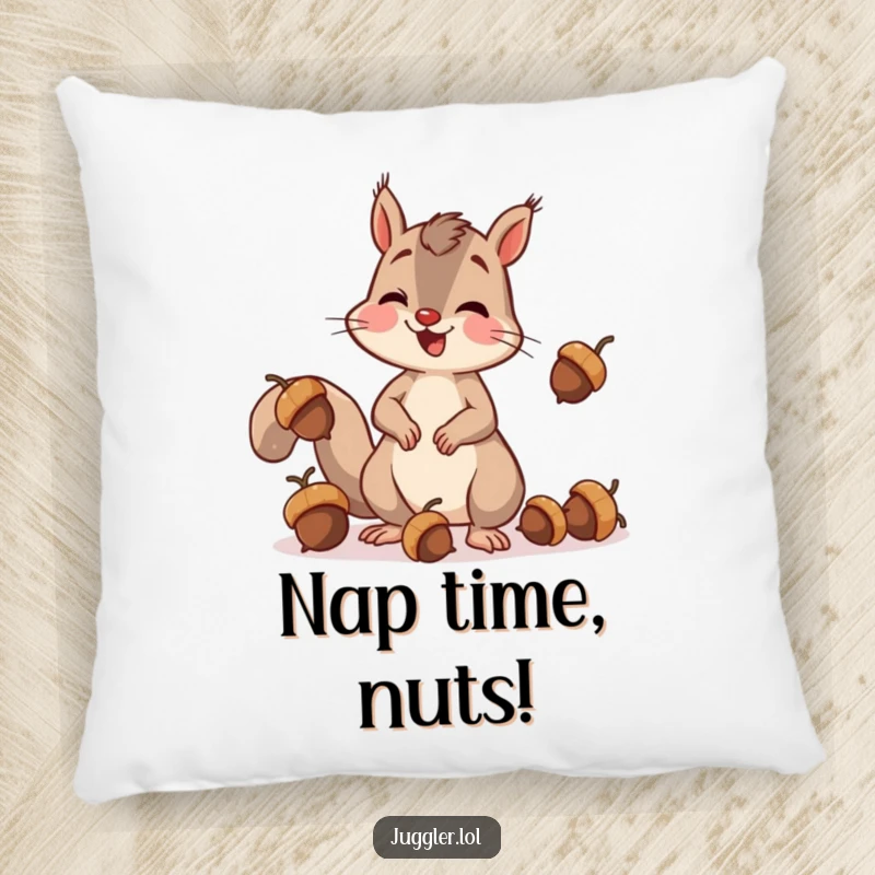 Funny squirrel pillow featuring a cheerful squirrel attempting to juggle acorns and dropping one with surprise, providing comfort and humor for your couch.