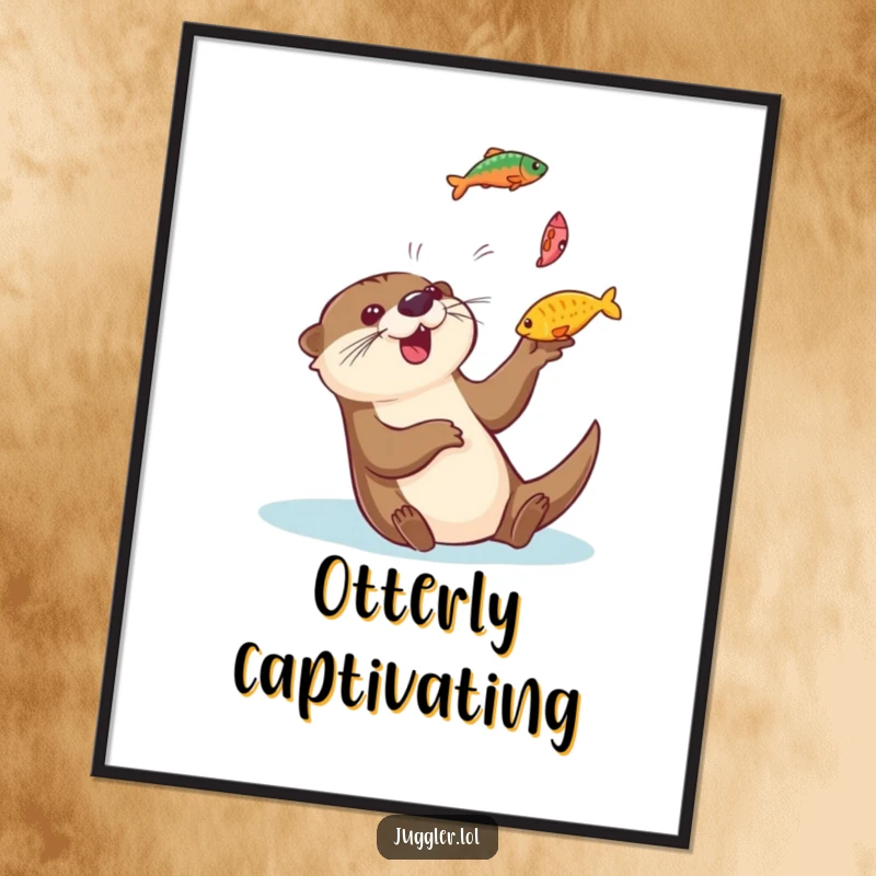 Funny otter digital art print of a playful otter gleefully tossing colorful fish into the air and catching them, ready for instant download.