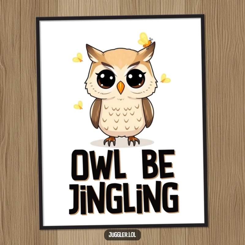 Funny owl digital art print of a determined owl with wide eyes juggling glowing fireflies, ready for instant download and framing.