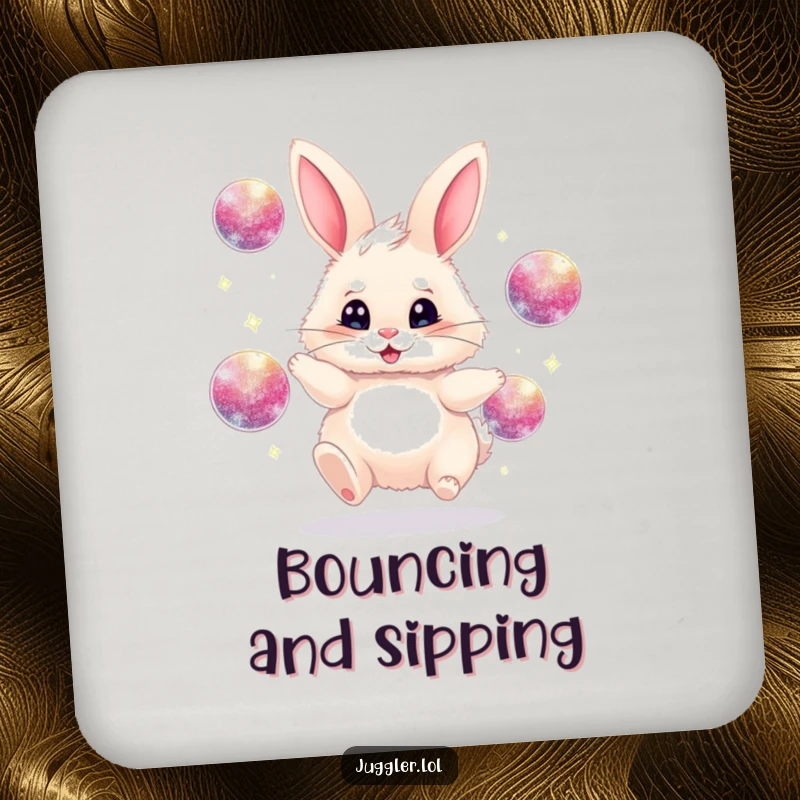Funny juggling bunny coasters, fluffy, frantically juggling sparkly balls, protecting tables with fun and humor, ideal funny gift.