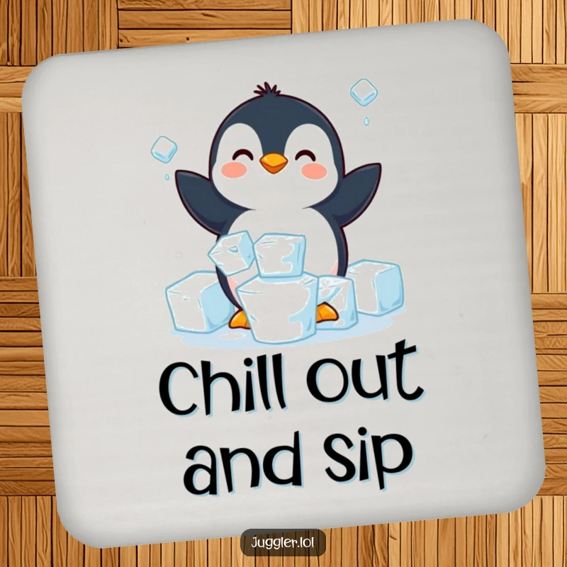 Funny penguin drink coaster featuring a happy penguin struggling to juggle three slippery ice cubes, protecting surfaces with arctic humor.