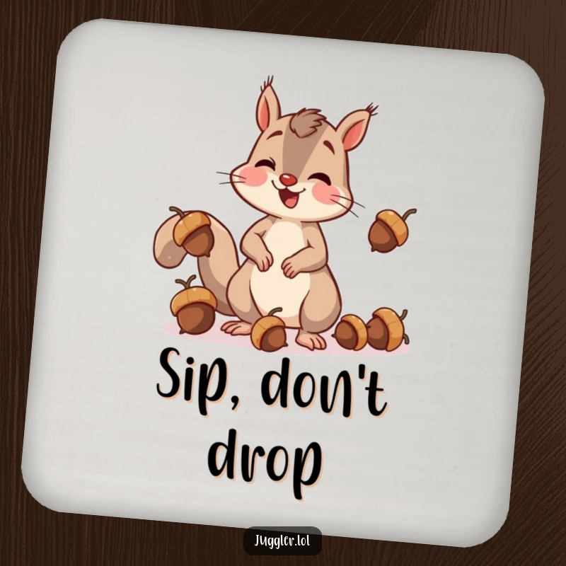 Funny squirrel drink coaster featuring a cheerful squirrel clumsily juggling acorns, dropping one with surprise, protecting surfaces with a touch of humor.