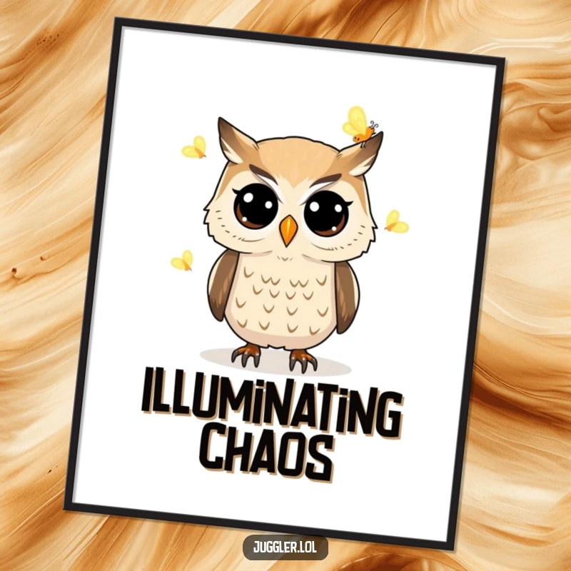 Funny owl poster depicting a determined owl with wide eyes juggling glowing fireflies, adding a touch of magic and humor to wall decor.