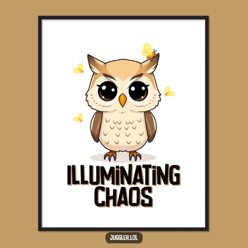 Funny Owl Juggling Fireflies Poster - Enchanting Nocturnal Art Print Gift