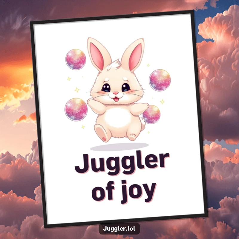 Funny juggling bunny poster, fluffy, frantically juggling sparkly balls, whimsical and humorous wall decor, ideal funny gift.