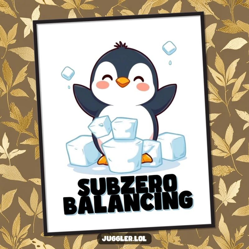 Funny penguin poster depicting a happy penguin struggling to juggle three slippery ice cubes, adding arctic humor and fun to wall decor.