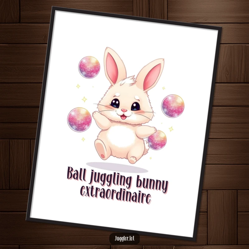 Funny Free Printable Wall Art: Fluffy bunny juggling sparkly balls, adding playful energy, downloadable art.