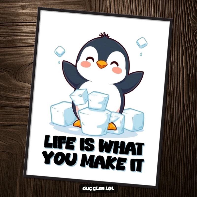 Funny free printable wall art: a happy penguin comically struggles to juggle three slippery ice cubes, downloadable decor.