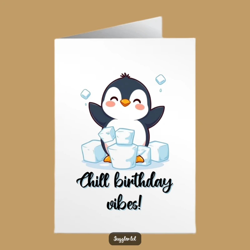 Free Printable Funny Penguin Juggling Ice Birthday Card: Slippy Fun Downloadable Gift