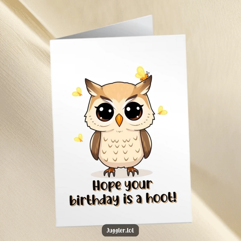 Funny free printable birthday card: a determined owl juggles glowing fireflies with wide eyes, a whimsical downloadable gift.
