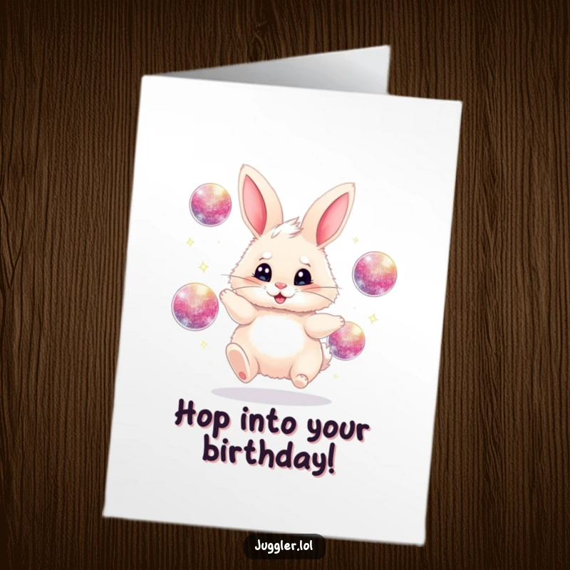 Funny Free Printable Birthday Card: Fluffy bunny juggling sparkly balls, a chaotic and hilarious birthday celebration.