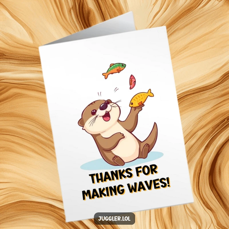 Funny free printable thank you card: a happy otter juggles colorful fish with excitement, perfect downloadable art.