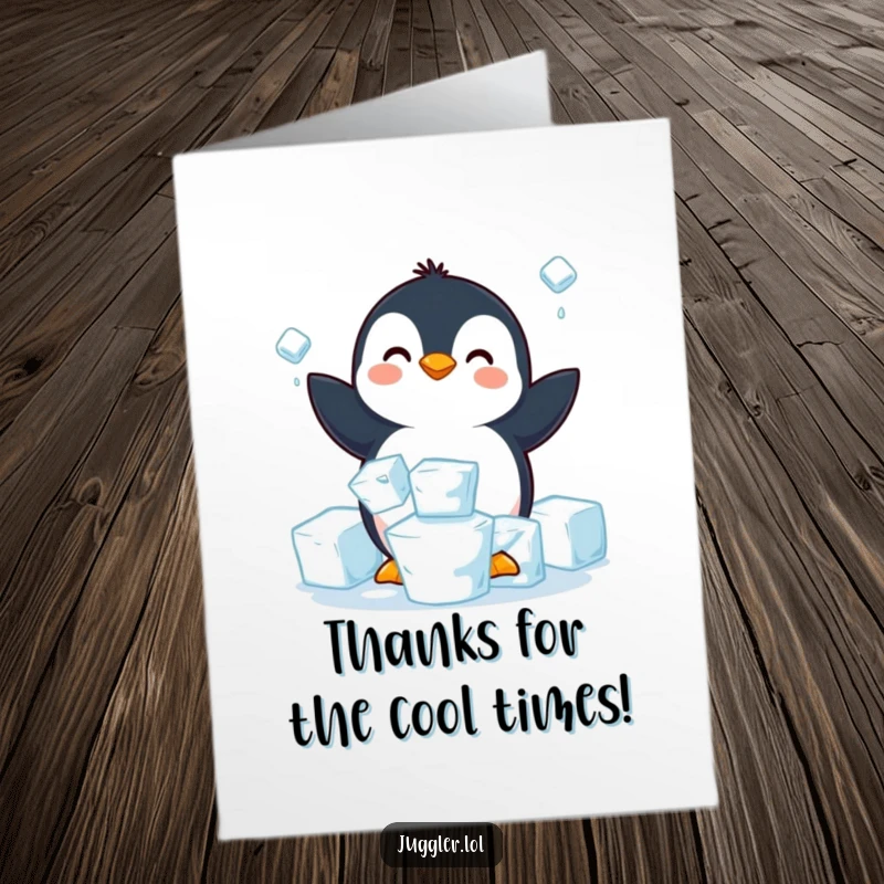 Funny free printable thank you card: a penguin comically juggles slippery ice cubes, perfect downloadable art.