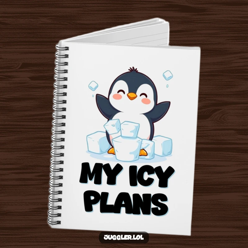 Funny penguin notebook featuring a happy penguin struggling to juggle three slippery ice cubes, perfect for jotting down notes.