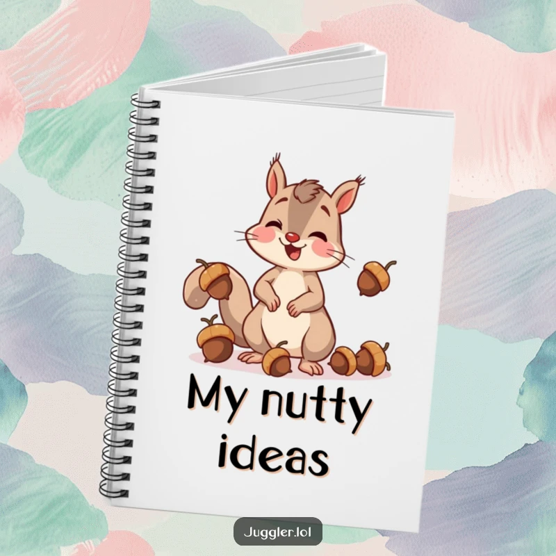 Funny squirrel notebook featuring a cheerful squirrel clumsily juggling acorns, dropping one with surprise, perfect for writing notes and creative thoughts.