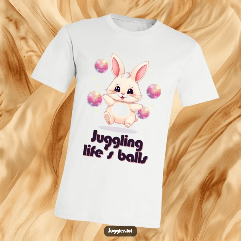 Funny juggling bunny t-shirt, fluffy, frantically juggling sparkly balls, adds fun and humor, excellent funny gift.