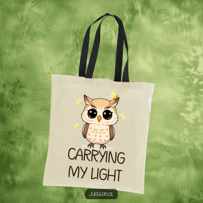 Funny owl tote bag featuring a determined owl with wide eyes juggling glowing fireflies, ideal for carrying daily essentials with magical flair.