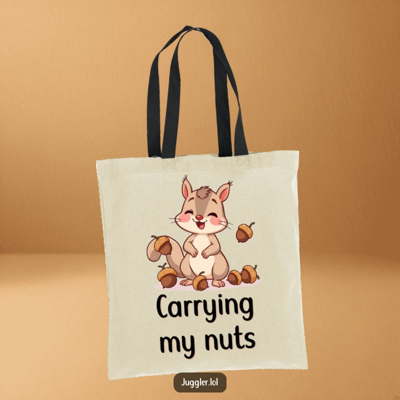 Funny squirrel tote bag featuring a cheerful squirrel's attempt at juggling acorns, dropping one in surprise, ideal for shopping and everyday use.