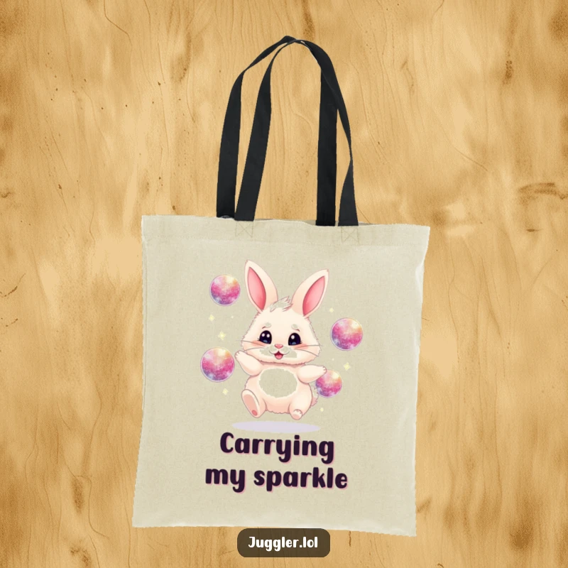 Funny juggling bunny tote bag, fluffy, frantically juggling sparkly balls, practical and humorous accessory, superb funny gift.