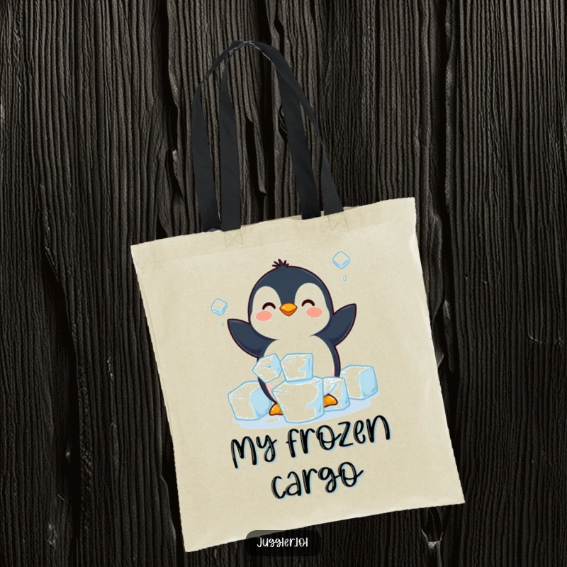 Funny penguin tote bag featuring a happy penguin struggling to juggle three slippery ice cubes, ideal for shopping and everyday use.